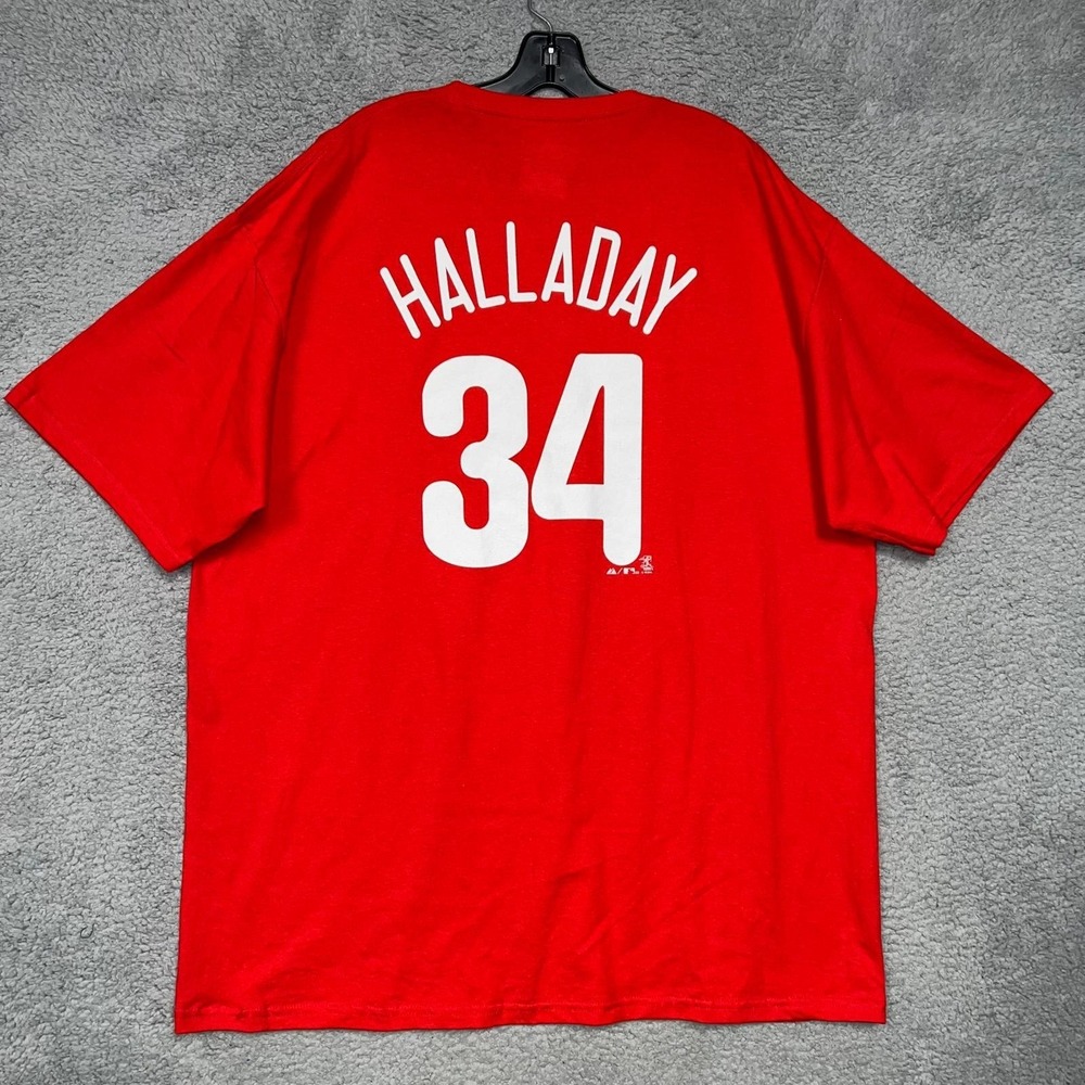 VTG Majestic Philadelphia Phillies Roy Halladay T Shirt 2XL XXL Red #34‎ HOF Tee